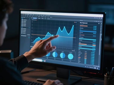 Close-up of a digital marketer analyzing ad campaign graphs on a high-end monitor in a dark studio, glowing screen reflecting on hands, moody lighting, 35mm lens