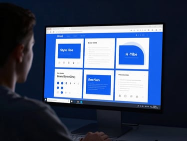 Over-the-shoulder shot of a designer working on a brand style guide on a large monitor, vibrant electric blue accents on screen, dark studio environment.
