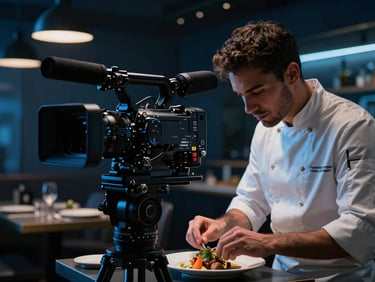 Cinematic close-up of a professional video camera filming a chef preparing food in a modern Istanbul restaurant, moody high-contrast studio lighting, deep navy and electric blue tones, 35mm lens