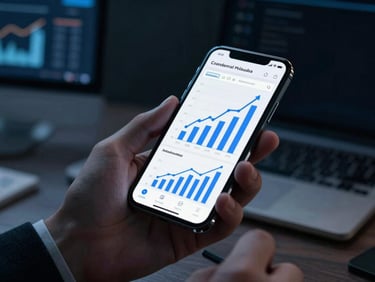 Close-up of a smartphone displaying analytics charts with upward trends, held by an entrepreneur in a modern workspace, high-contrast dramatic lighting.