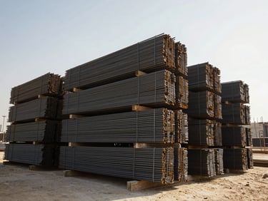 Low-angle view of massive stacks of heavy Kuwaiti steel rebar on a construction site, raw metal textures, bright morning sun.