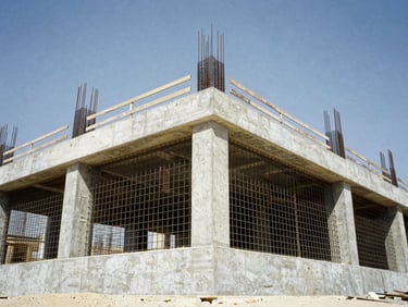 Low-angle industrial construction photography of a massive concrete foundation with dense steel rebar grids under harsh Kuwaiti desert sunlight, raw and powerful, high-contrast concrete and steel, 35mm film