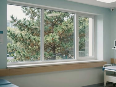 A clean, modern outpatient recovery room with large windows showing soft green pine trees, gentle morning light, peaceful clinical environment