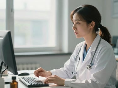 A warm environmental portrait of a female cardiologist in a sunlit clinic office, discussing recovery plans, soft natural window light, muted blue tones, shallow depth of field