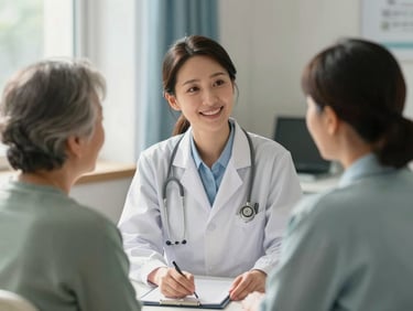 A friendly female family physician talking with an elderly patient in a warm, sunlit examination room, comforting atmosphere, professional clinical editorial