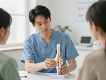 A male orthopedic surgeon in scrubs examining a joint model with a patient in a bright, modern clinical room, soft natural light, sage accents