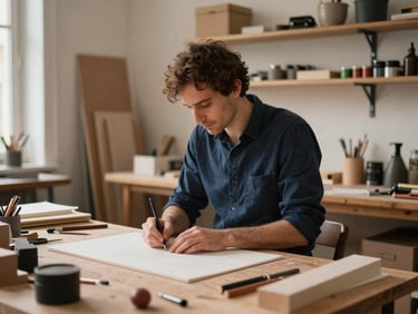 A small business owner working in a warm Parisian workshop, soft daylight, professional atmosphere