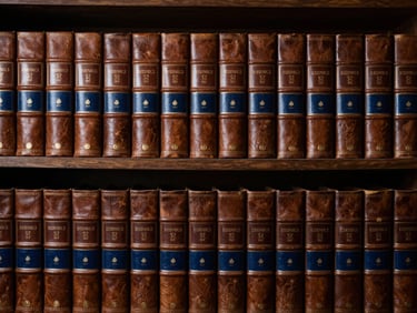 Symmetrical view of classical financial archives with leather-bound ledgers, low-key dramatic lighting