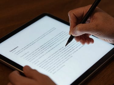 Close-up of hands signing a digital document on a tablet, warm editorial lighting, rich brown shadows