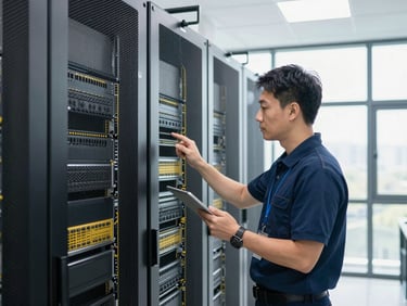 Facility manager in a modern, clean server room, inspecting equipment with a tablet, precise and organized, bright architectural lighting, 35mm