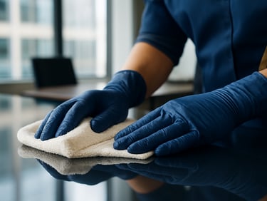 Close-up of a professional cleaning technician's hands, in gloves, meticulously polishing a reflective surface in a modern office, showing attention to detail, clean corporate navy and gold tones, sharp focus.