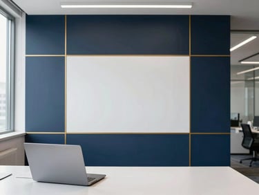 Modern office space with a clean desk and a laptop, minimalist design, bright natural daylight, 35mm