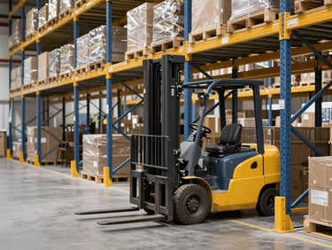 Organized warehouse with modern racking systems and a forklift, clean and efficient, bright industrial lighting, 35mm