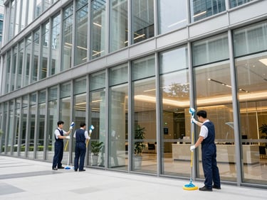 Professional cleaning team meticulously cleaning a modern glass office building lobby, bright and pristine, architectural lighting, 35mm
