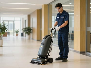 A professional cleaning technician in immaculate uniform, wearing safety glasses and gloves, operating advanced floor-cleaning machinery in a wide, brightly lit corporate hallway, clean corporate navy and gold tones, sharp focus.