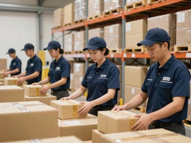 Team of logistics professionals in immaculate uniforms organizing packages in a modern, clean warehouse, medium shot, 35mm