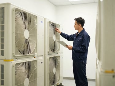 Professional facility manager inspecting modern HVAC system in a corporate building, clean and well-lit, 35mm
