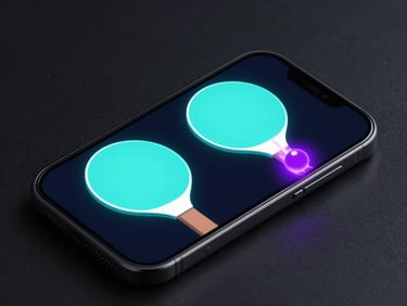 Isometric mockup of a mobile screen showing Pong1 gameplay, neon cyan paddles, electric violet ball leaving a light trail, dark ambient background.