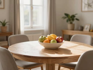 Bright communal dining table in a cozy residential care home, fresh fruit bowl, soft morning sunlight.