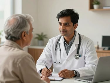 A professional Indian doctor consulting with an elderly patient in a warm, brightly lit clinic office, supportive atmosphere.