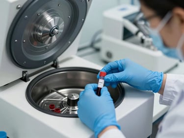 Hands of a lab technician in blue sterile gloves carefully placing blood sample tubes into a modern clinical centrifuge.