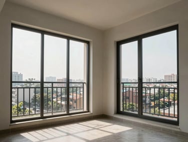 Modern 3 BHK apartment in Gurugram, bright natural light streaming through wide balcony windows