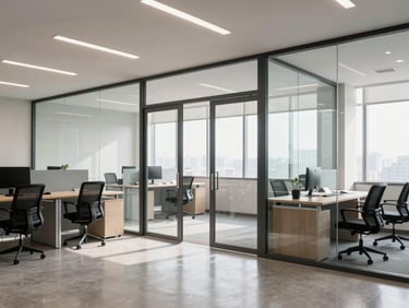 Clean professional commercial office interior in Noida, glass partitions, bright natural lighting, wide-angle view