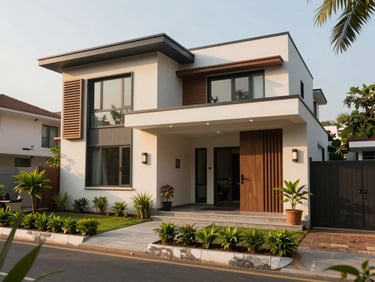 Modern independent house exterior in Bengaluru, warm morning sun, small green garden in front, eye-level shot