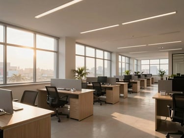Wide panoramic interior of a bright, modern Indian commercial office space at golden hour, natural light streaming through large windows onto clean desks, sharp architectural lines, no people.