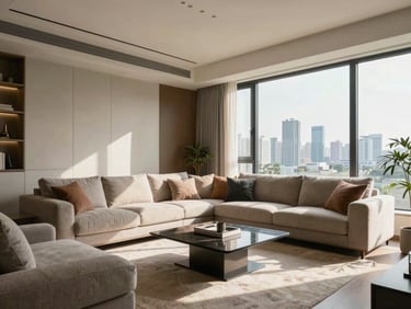 Bright modern apartment living room in Mumbai, natural light streaming through large windows, view of city skyline, wide-angle shot