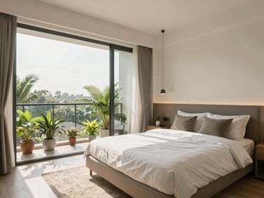 Bright, sunlit bedroom of a modern apartment in Mumbai, wide-angle shot showing a balcony with green plants, natural daylight, clean layout.