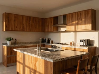 Spacious, modern kitchen and dining area in a Bengaluru flat, warm golden hour light, clean granite countertops, contemporary wooden cabinets.