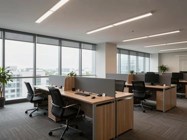 Commercial office space in Noida Sector 62, wide windows, modern layout with workstations