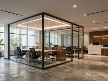 Daylight shot of a modern boutique office interior in India, clean glass partitions, polished concrete floors, warm overhead lighting.