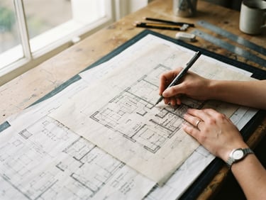 Overhead shot of an architect's hands sketching a floor plan with ink on textured tracing paper, natural side-lit daylight, crisp ink details, shallow depth of field.