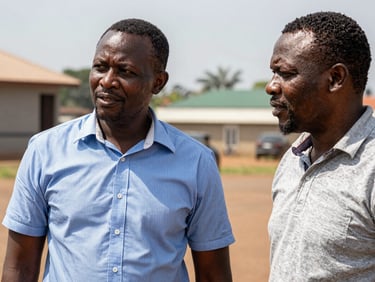 Portrait professionnel d'un agronome congolais et d'un analyste financier européen collaborant sur le terrain à Kinshasa, lumière naturelle.