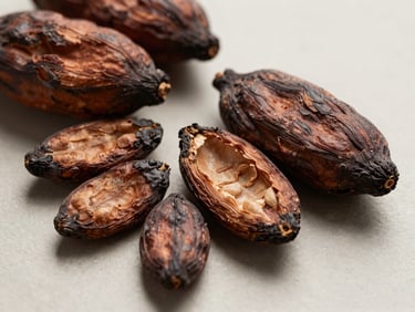 Macro studio shot of raw, high-quality Congolese cocoa beans, deep brown texture, neutral background
