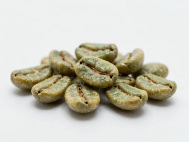 Macro studio shot of green unroasted Arabica coffee beans from eastern DRC, clean neutral lighting