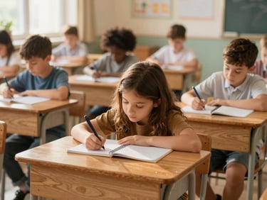 Wide environmental shot of a vibrant classroom, children sitting at wooden desks writing in notebooks, warm natural light, shallow depth of field