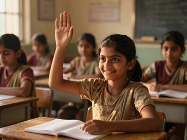 Eye-level medium shot of a sunlit classroom in India, a smiling girl raising her hand proudly, holding a clean notebook, warm golden-hour light, 35mm