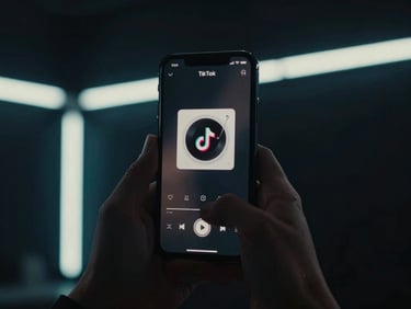 Close-up of a smartphone screen showing a trending TikTok video with music, hands holding the phone, blurred neon studio lights in the background, moody, high contrast.