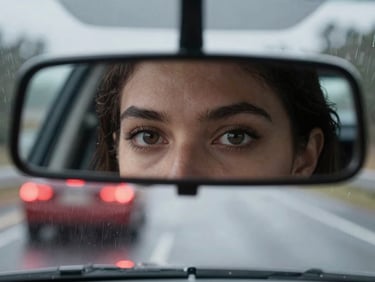 Wide panoramic close-up of a woman's eyes in the rearview mirror of a speeding muscle car, sharp motion blur, crimson taillights reflecting in the rain.