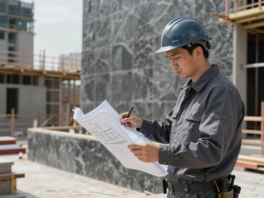 A professional general contractor reviewing architectural blueprints on an active construction site