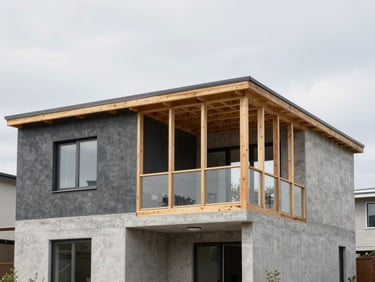 A modern residential architectural build with exposed timber framing and clean concrete walls under overcast daylight