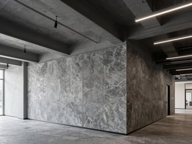 Crisp interior of a modern commercial office space with exposed steel beams and industrial minimalist finishes