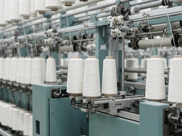 Macro detail shot of premium combed cotton yarn cones on a modern spinning frame, bright neutral daylight, crisp industrial focus
