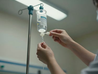 Close detail of a nurse's hands adjusting an IV drip line, clinical fluorescent light from above, hospital bed rail visible at frame edge, sharp documentary focus