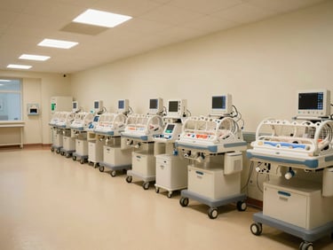 Wide-angle view of a neonatal intensive care unit, rows of incubators under soft clinical lighting, monitoring equipment visible, no patients shown, facility at rest