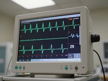 Close detail of a cardiac monitor screen showing live ECG waveform, green trace on dark display, clinical overhead light, equipment in active-ready state