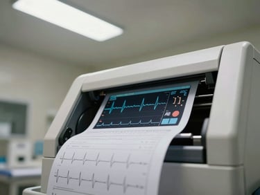 Close detail of fetal heart rate monitor printout paper emerging from a machine in a labor and delivery room, overhead fluorescent light, equipment staged-ready